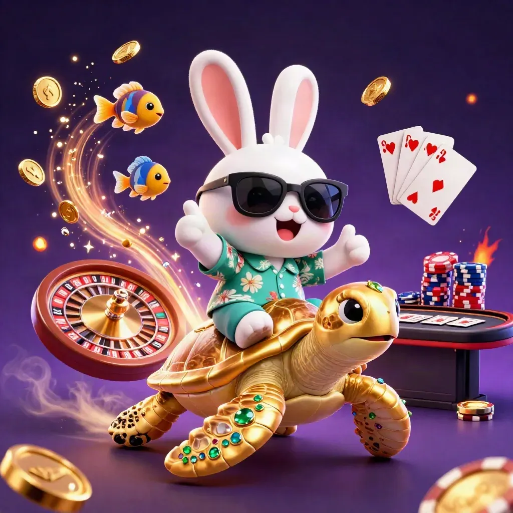 Lucky rabbit on gem turtle with coins, cards and roulette in a glowing casino fantasy.