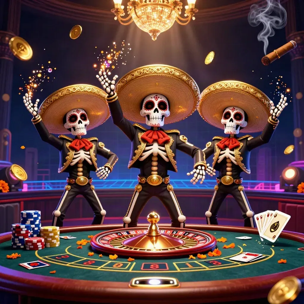 Skeleton mariachi trio in a luxe casino with spinning roulette wheel, coins, gems, and golden light