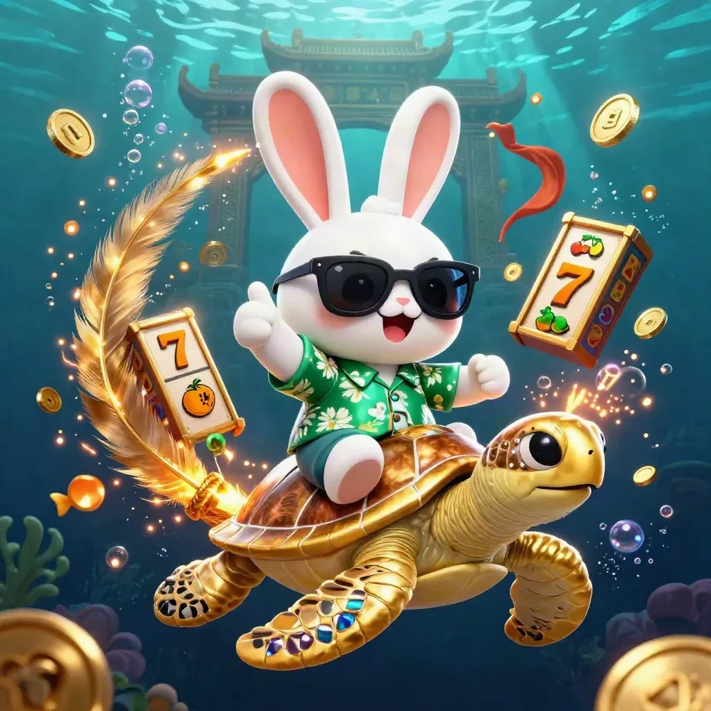 Lucky rabbit and golden sea turtle in a glowing underwater casino fantasy with coins, reels and fish.